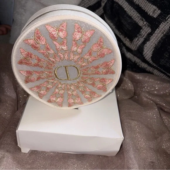 Dior Cream Round Cosmetic Pouch with Pink & Gold Butterfly Embroidery - Picture 2 of 10